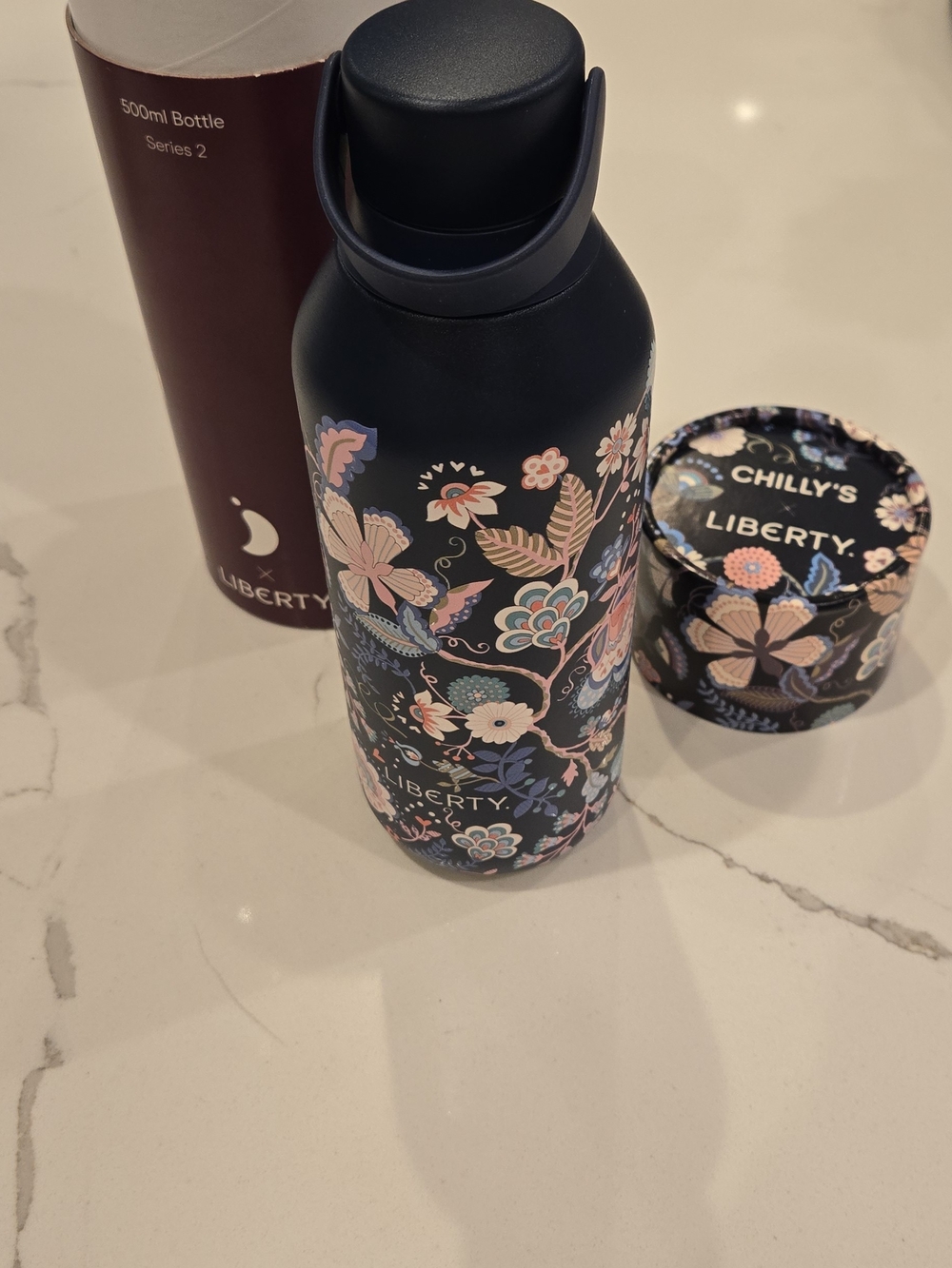 Liberty of London Navy Floral Insulated Bottle with Pink & Blue Accents